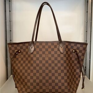 Louis Vuitton Damier Ebene MM Neverfull Tote with Cherry Red Interior